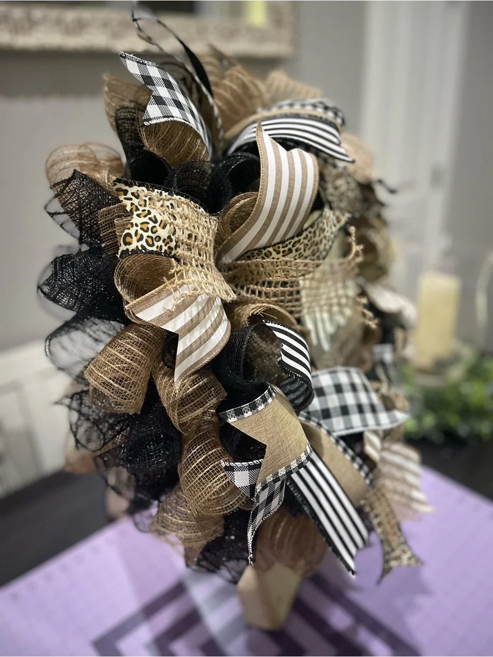 Hello Everyday Wreath in Burlap and Ribbon Leopard Wreath in Black, Tan, Cream